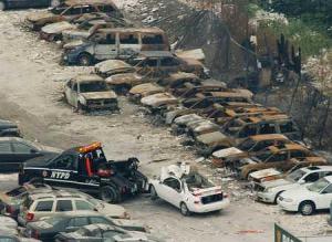 Cars parked blocks away from the World Trade Center on 9/11 - notice all the unburned paper.